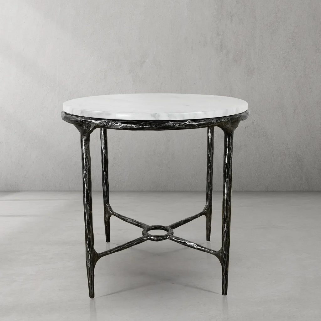 Hand-Forged Metal Round Marble Side Table 18" 22"