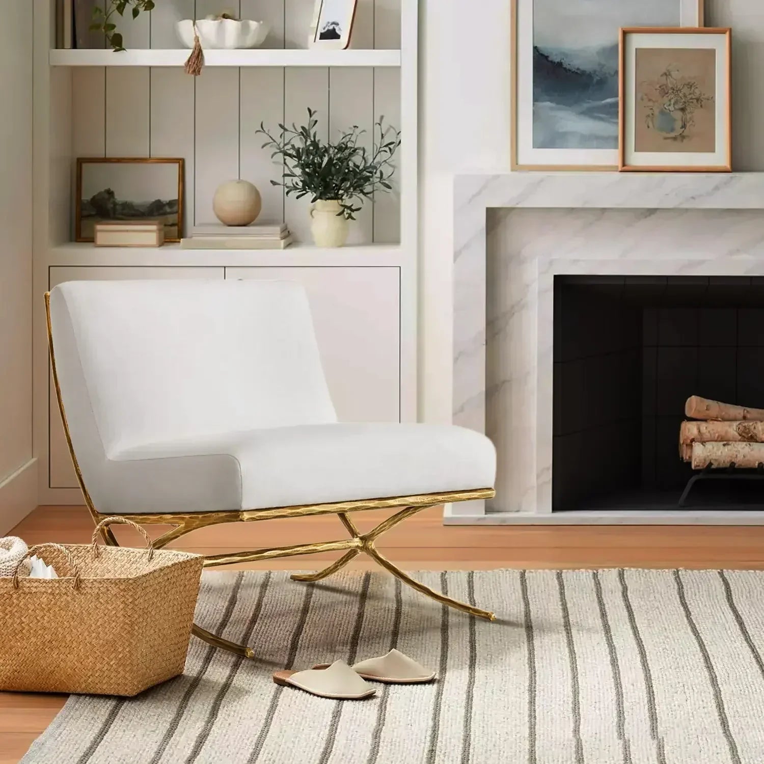 Hand-Forged Metal X-base Leather Slipper Chair