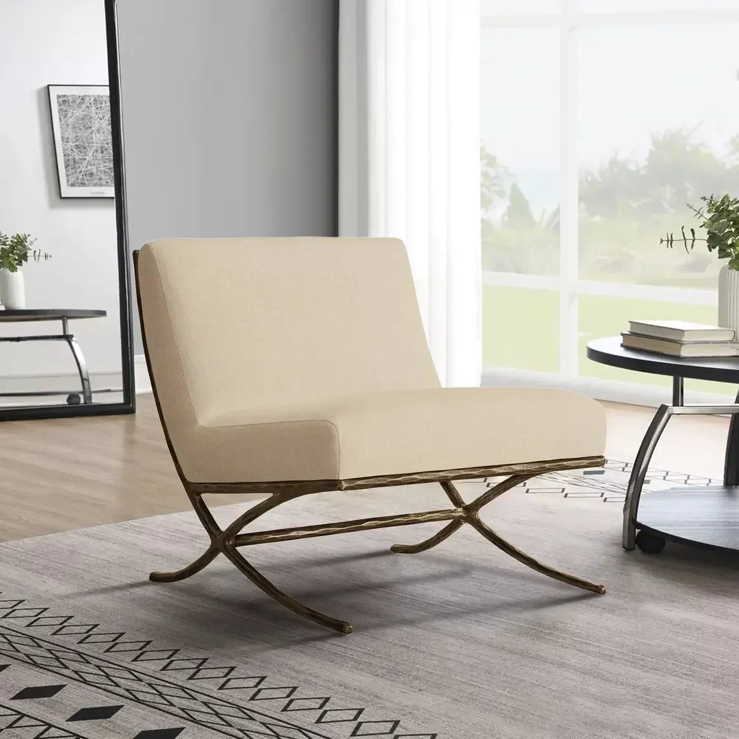 Hand-Forged Metal X-base Leather Slipper Chair