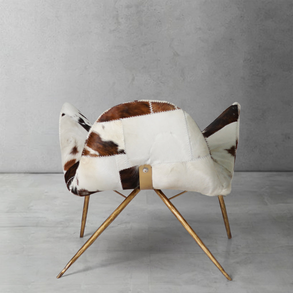 Cowhide Patchwork Wing Chair with Brass Base