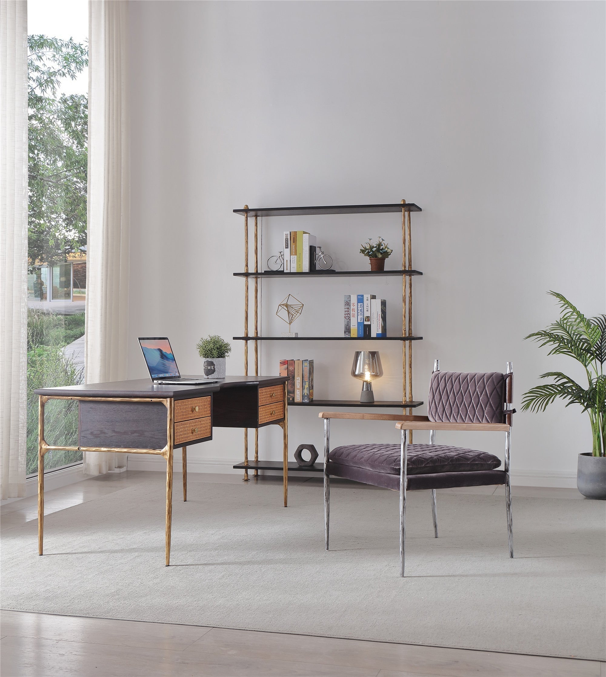 Hand-Forged Metal Retro Brass Iron Frame Rattan Desk