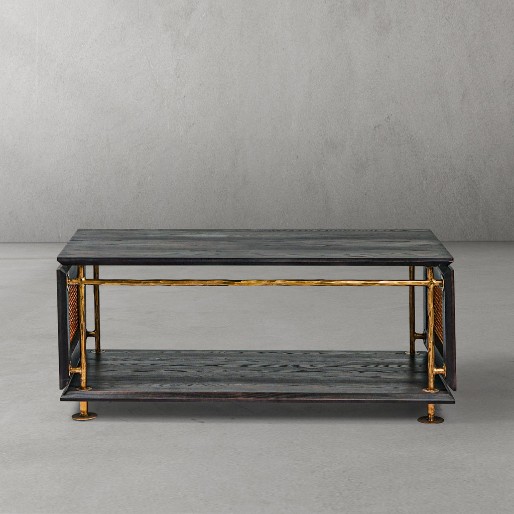 Hand-Hammered Metal & Cane Tiered Coffee Table