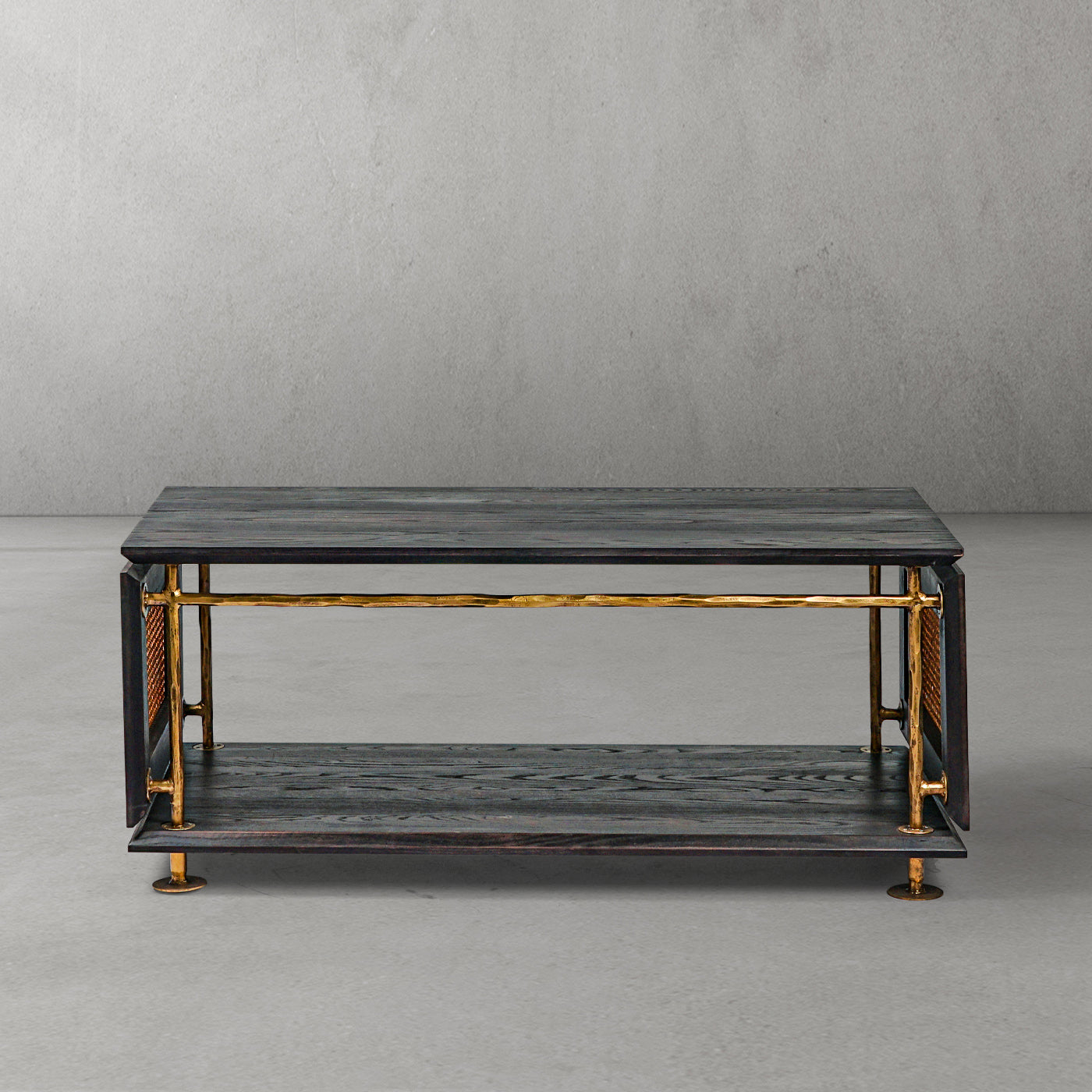Hand-Hammered Metal & Cane Tiered Coffee Table