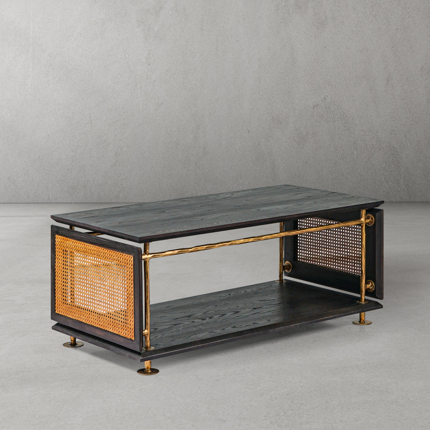 Hand-Hammered Metal & Cane Tiered Coffee Table