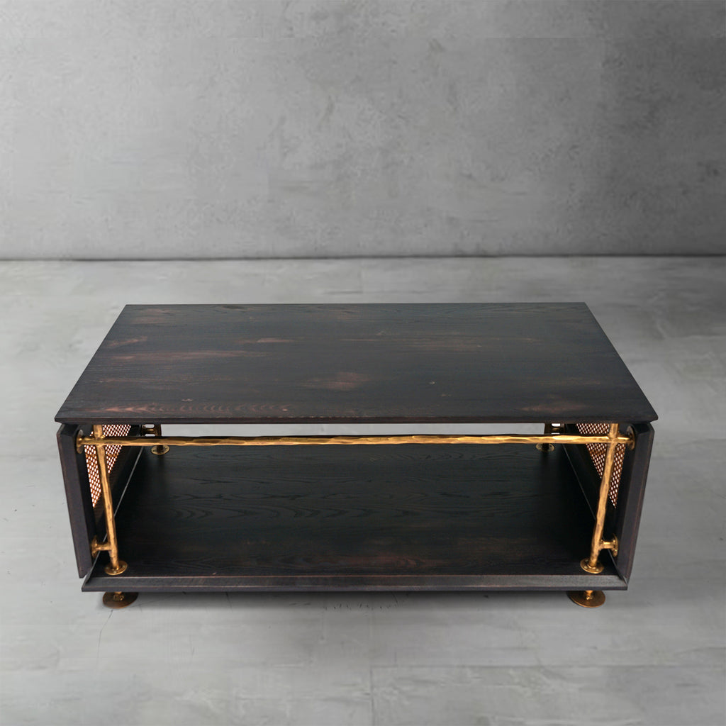 Hand-Hammered Metal & Cane Tiered Coffee Table