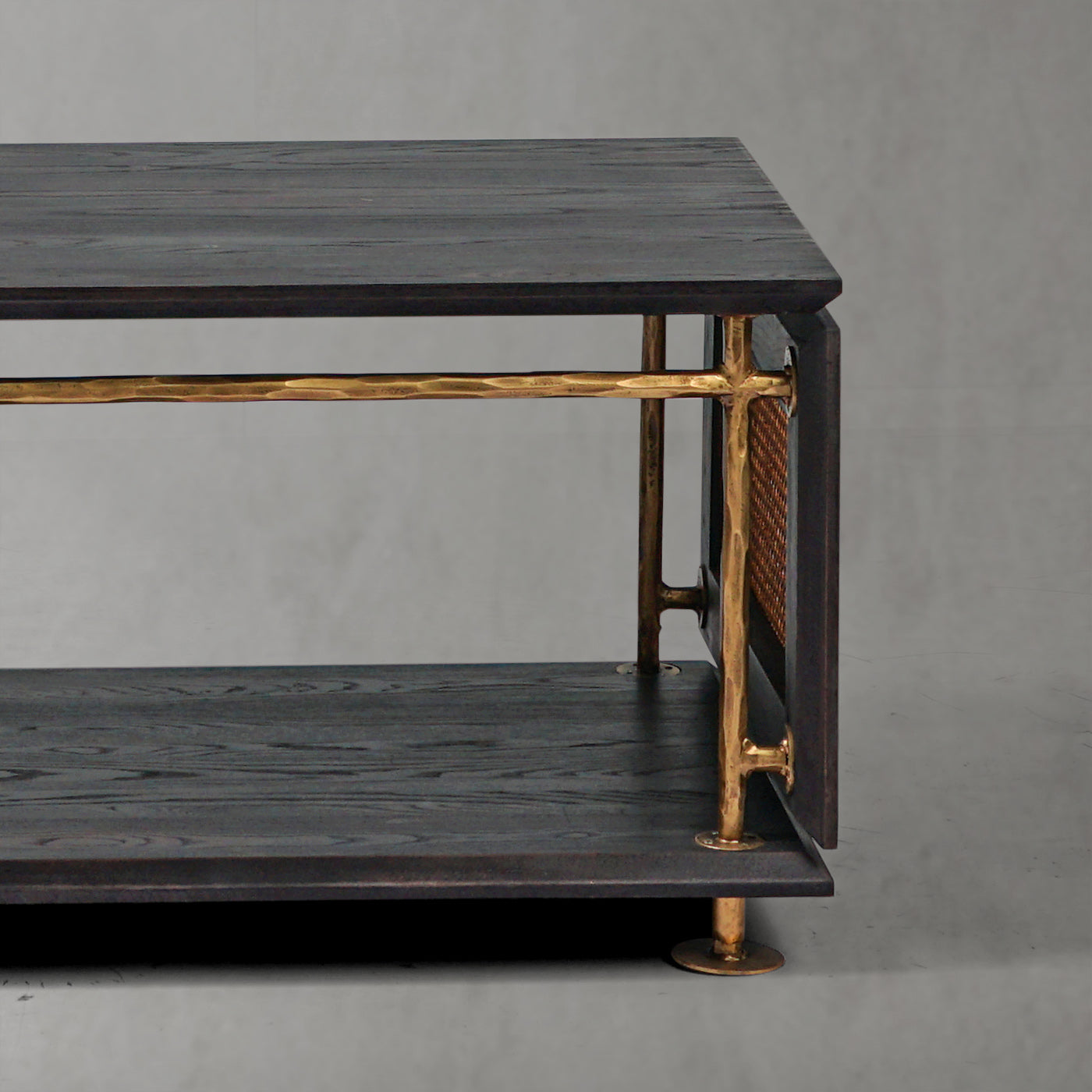 Hand-Hammered Metal & Cane Tiered Coffee Table