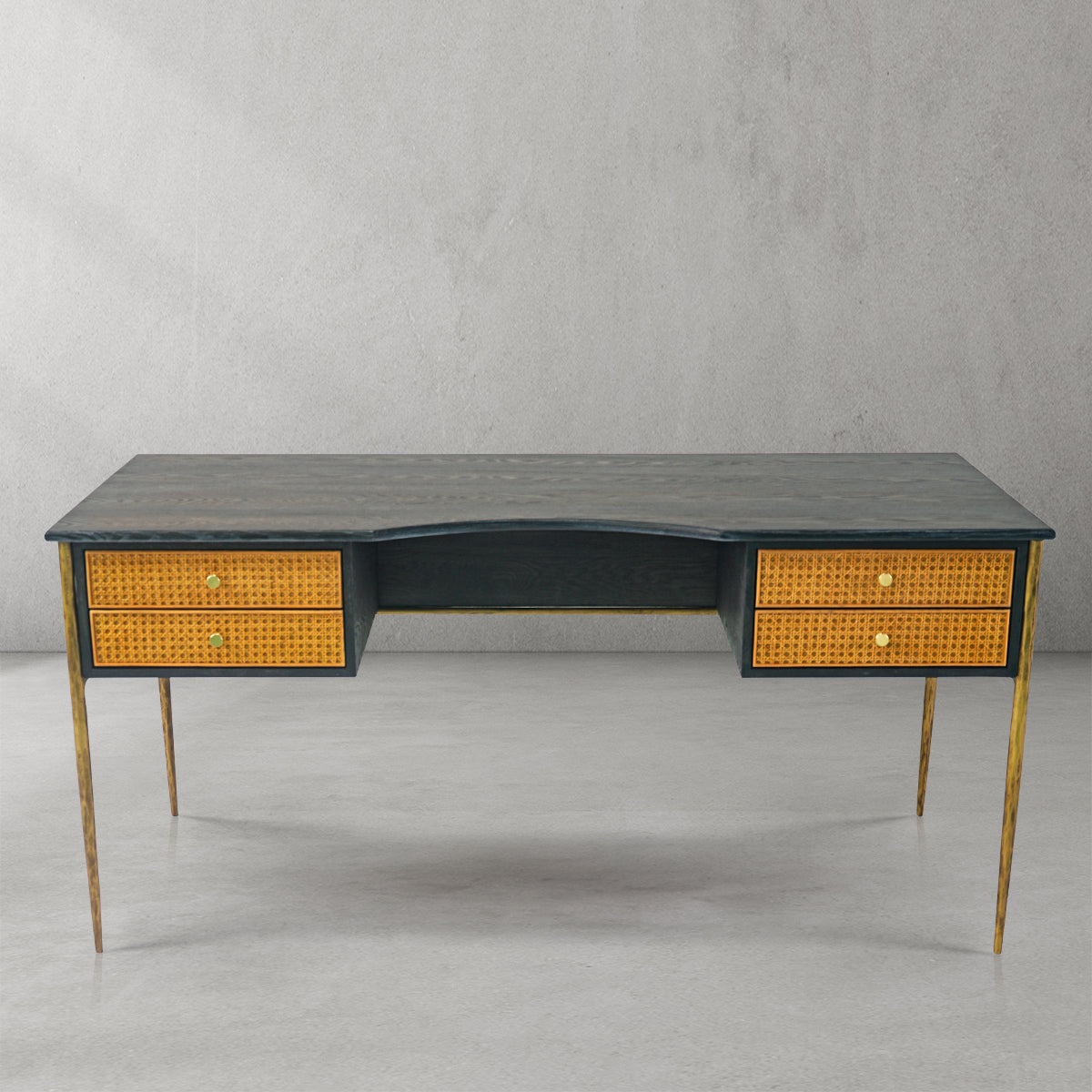 Hand-Forged Metal Retro Brass Iron Frame Rattan Desk
