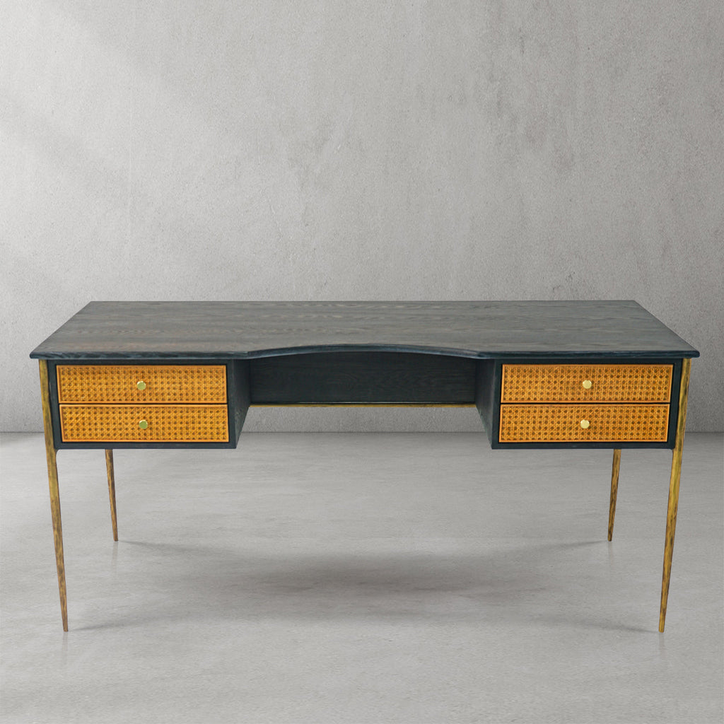 Hand-Forged Metal Retro Brass Iron Frame Rattan Desk