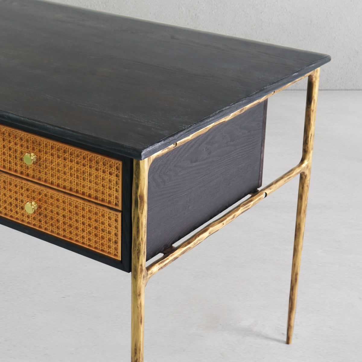 Hand-Forged Metal Retro Brass Iron Frame Rattan Desk