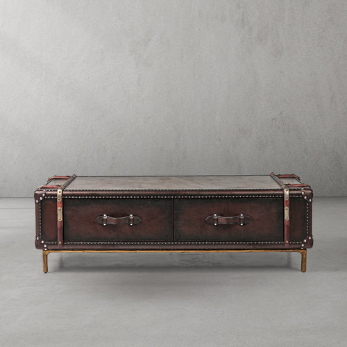 Hand-Forged Metal Vintage Cowhide Rattan Coffee Table