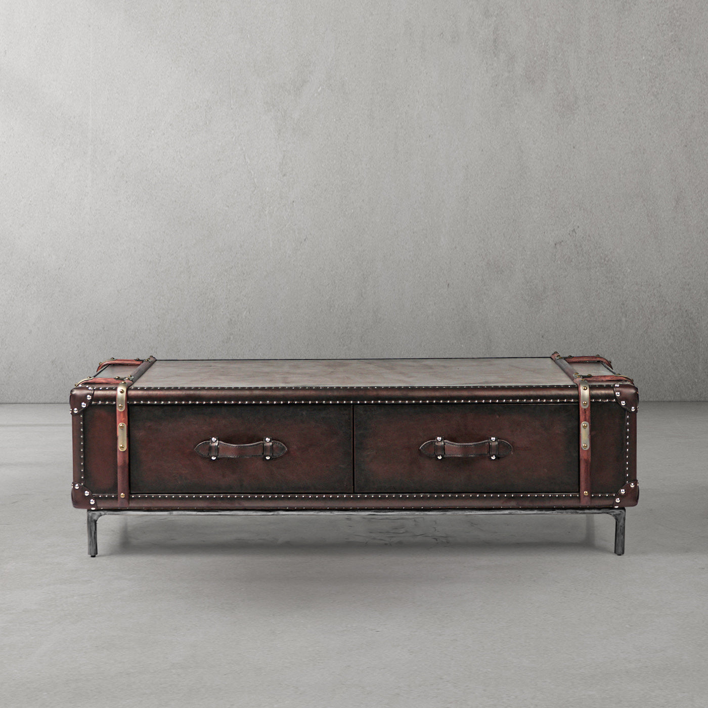 Hand-Forged Metal Vintage Cowhide Rattan Coffee Table