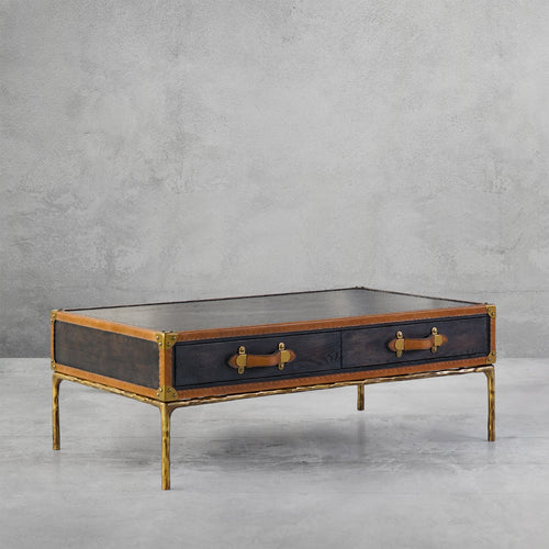 Hand-Forged Metal Vintage Leather Square Coffee Table