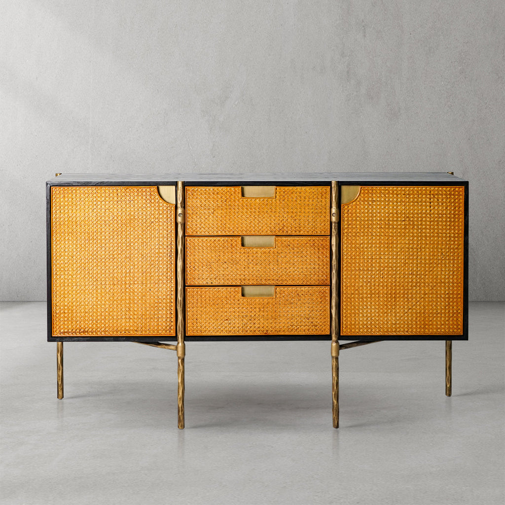 Hand-Forged Metal Metal Frame Rattan Side Cabinet