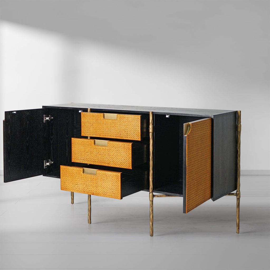 Hand-Forged Metal Metal Frame Rattan Side Cabinet