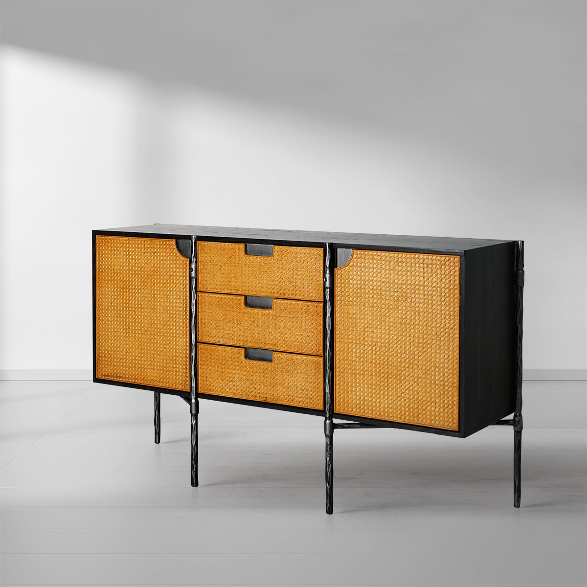 Hand-Forged Metal Metal Frame Rattan Side Cabinet