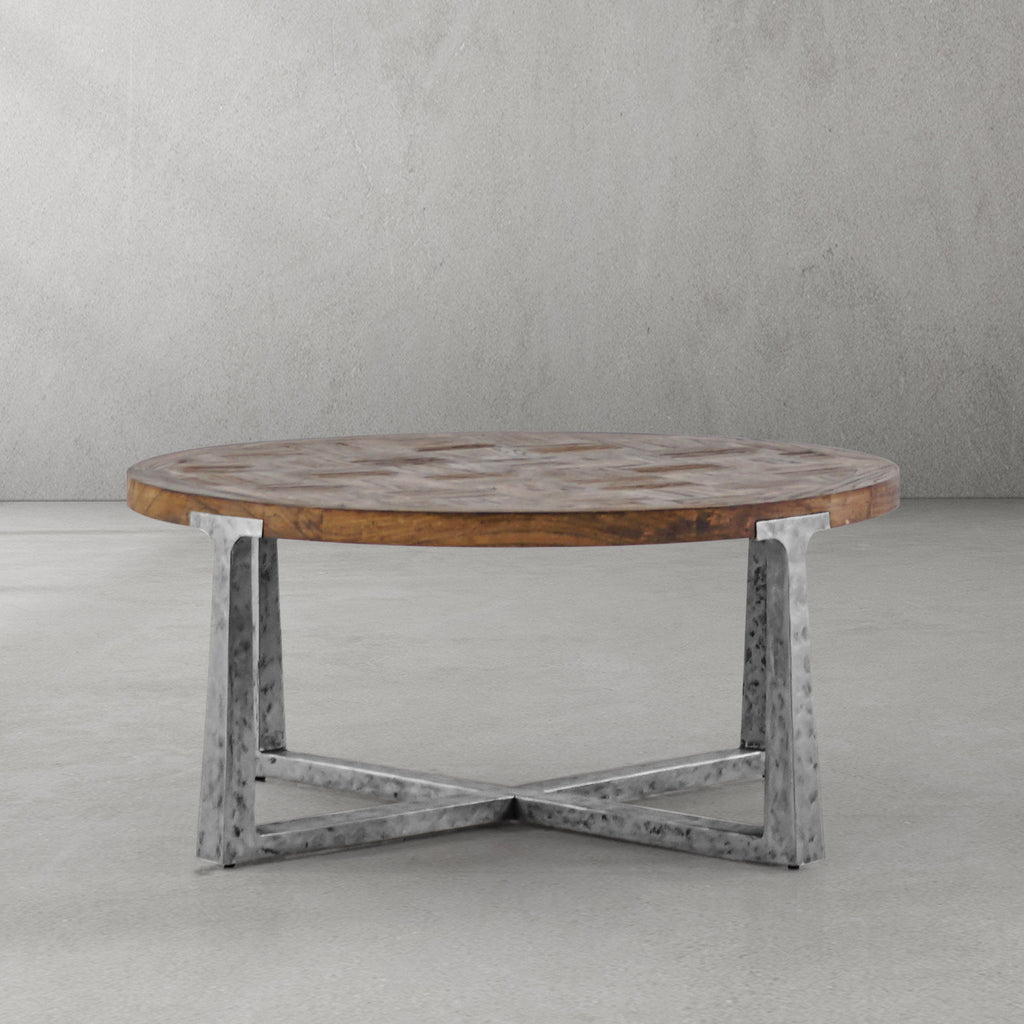 Artisan Reclaimed Elm & Hand-Forged Metal Round Coffee Table