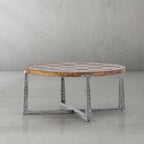 Artisan Reclaimed Elm & Hand-Forged Metal Round Coffee Table