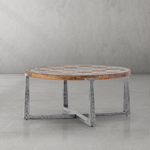 Artisan Reclaimed Elm & Hand-Forged Metal Round Coffee Table