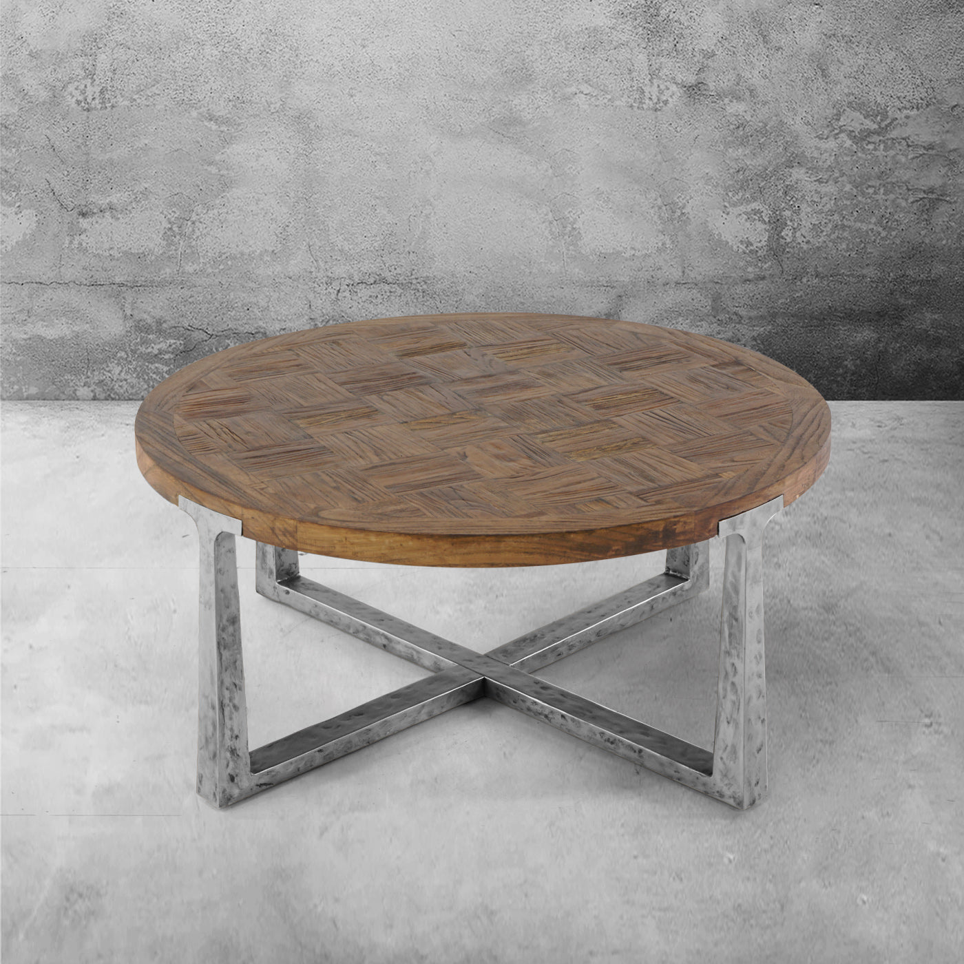 Artisan Reclaimed Elm & Hand-Forged Metal Round Coffee Table