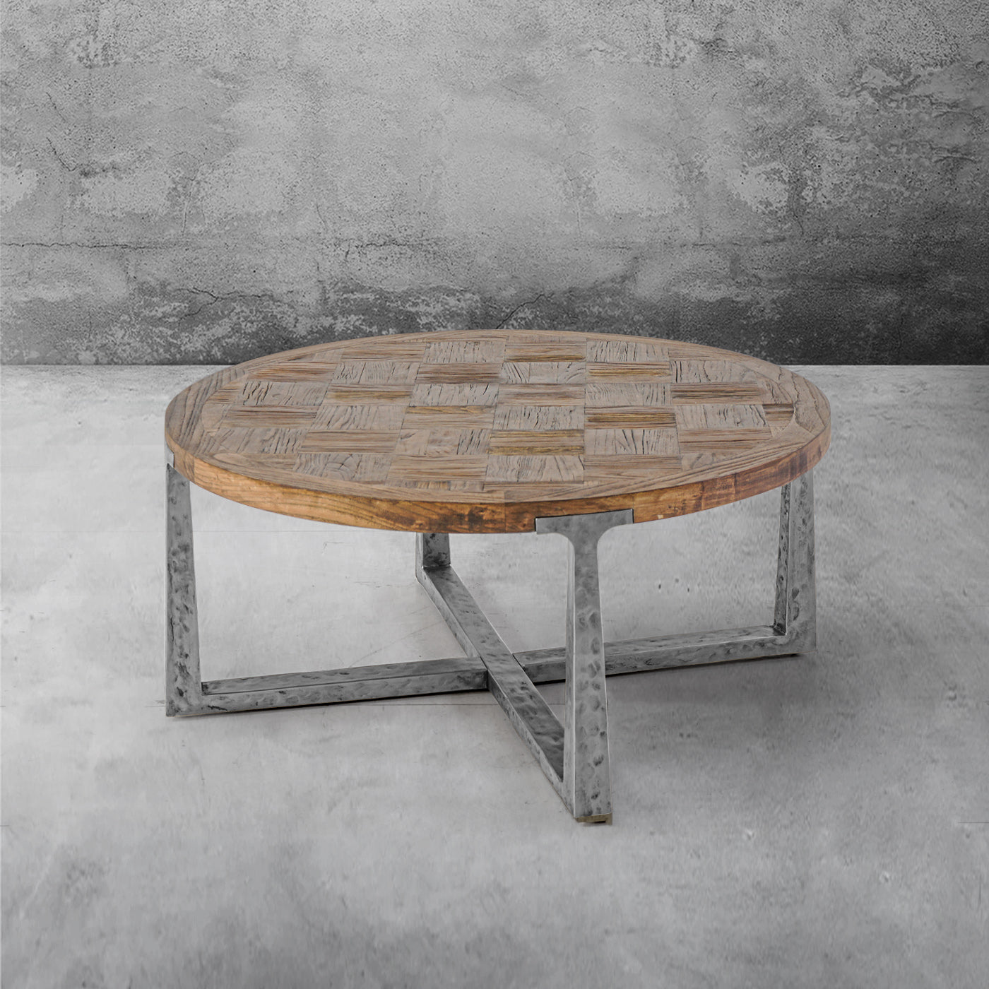 Artisan Reclaimed Elm & Hand-Forged Metal Round Coffee Table