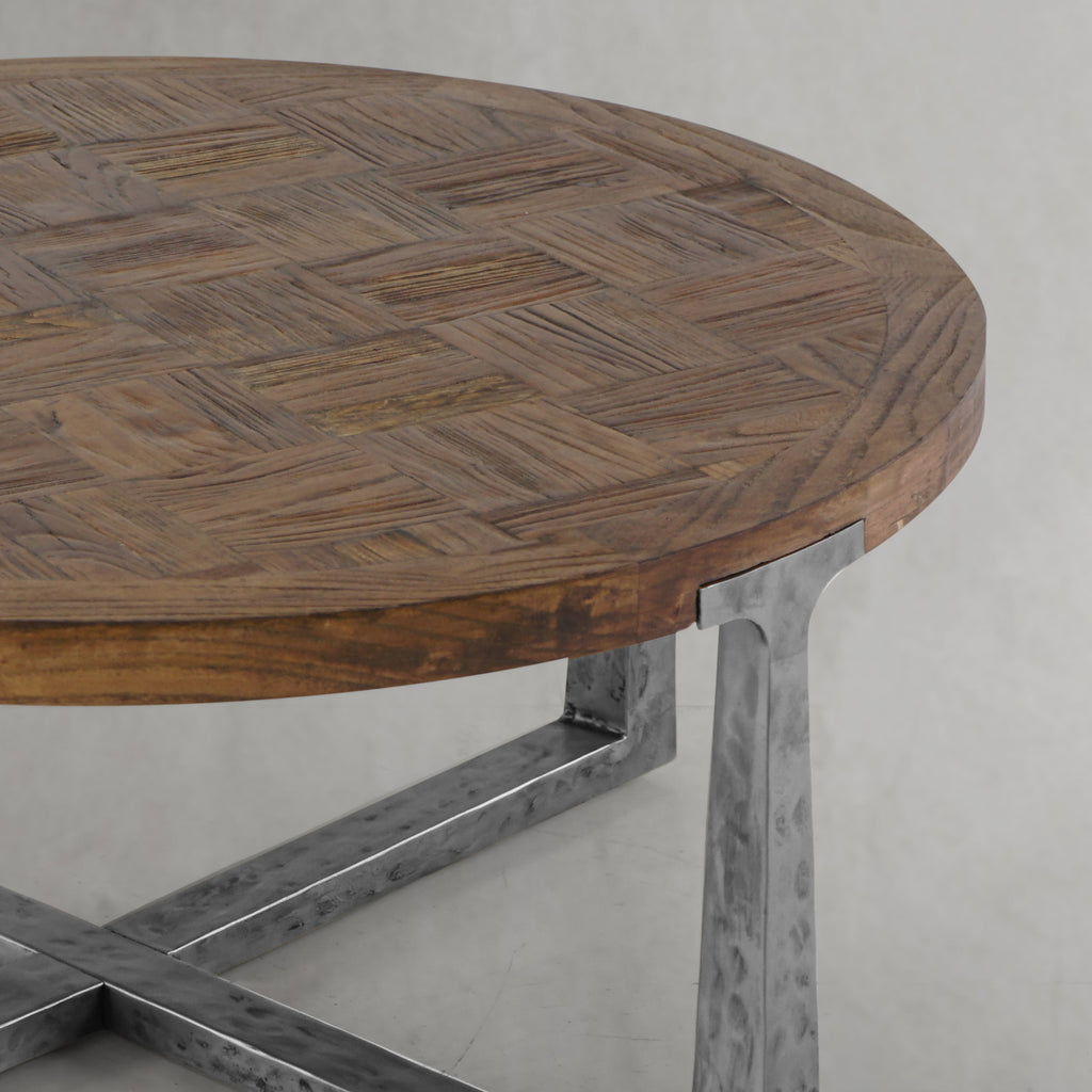 Artisan Reclaimed Elm & Hand-Forged Metal Round Coffee Table