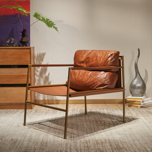 Cognac Distressed Leather Sling Lounge Chair