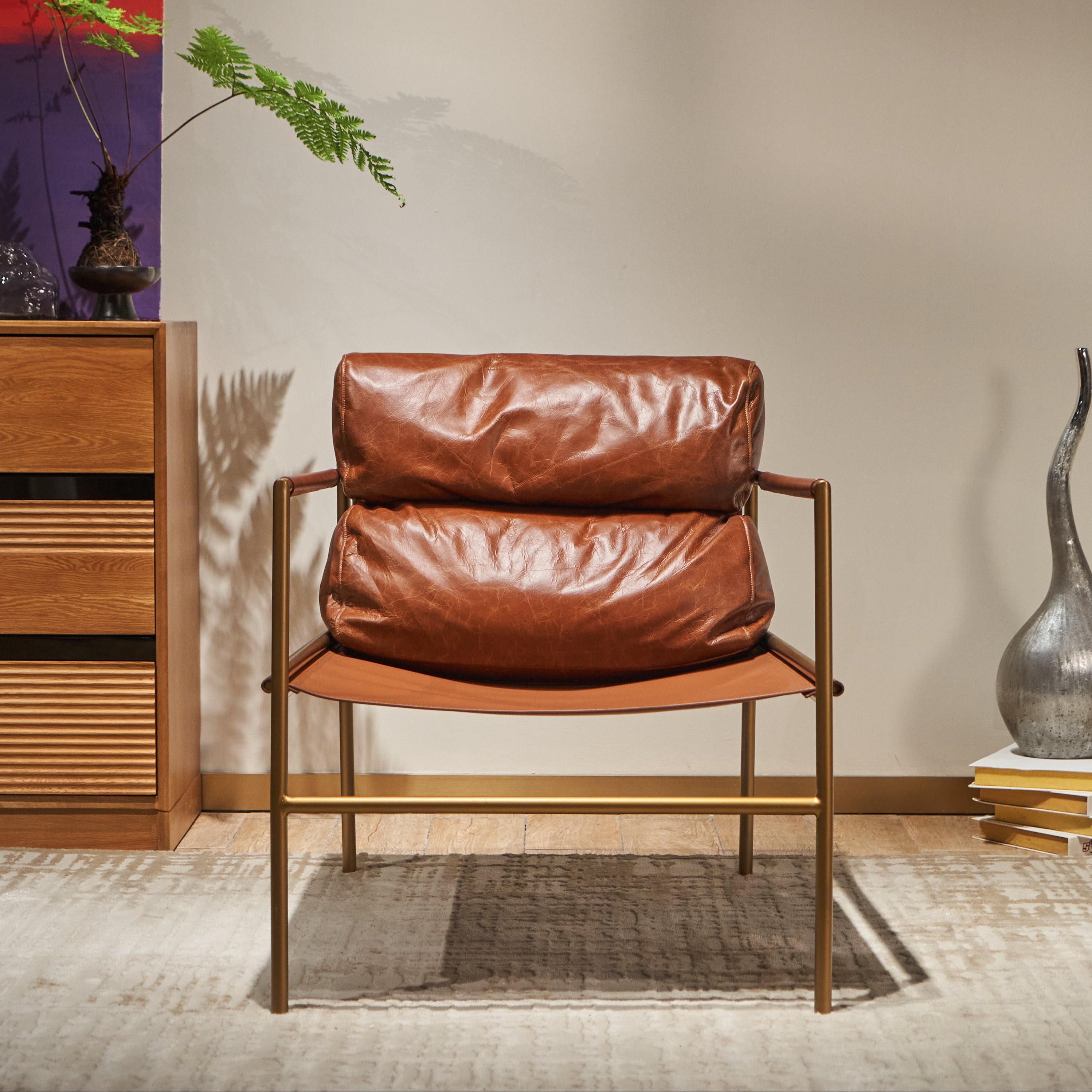 Cognac Distressed Leather Sling Lounge Chair