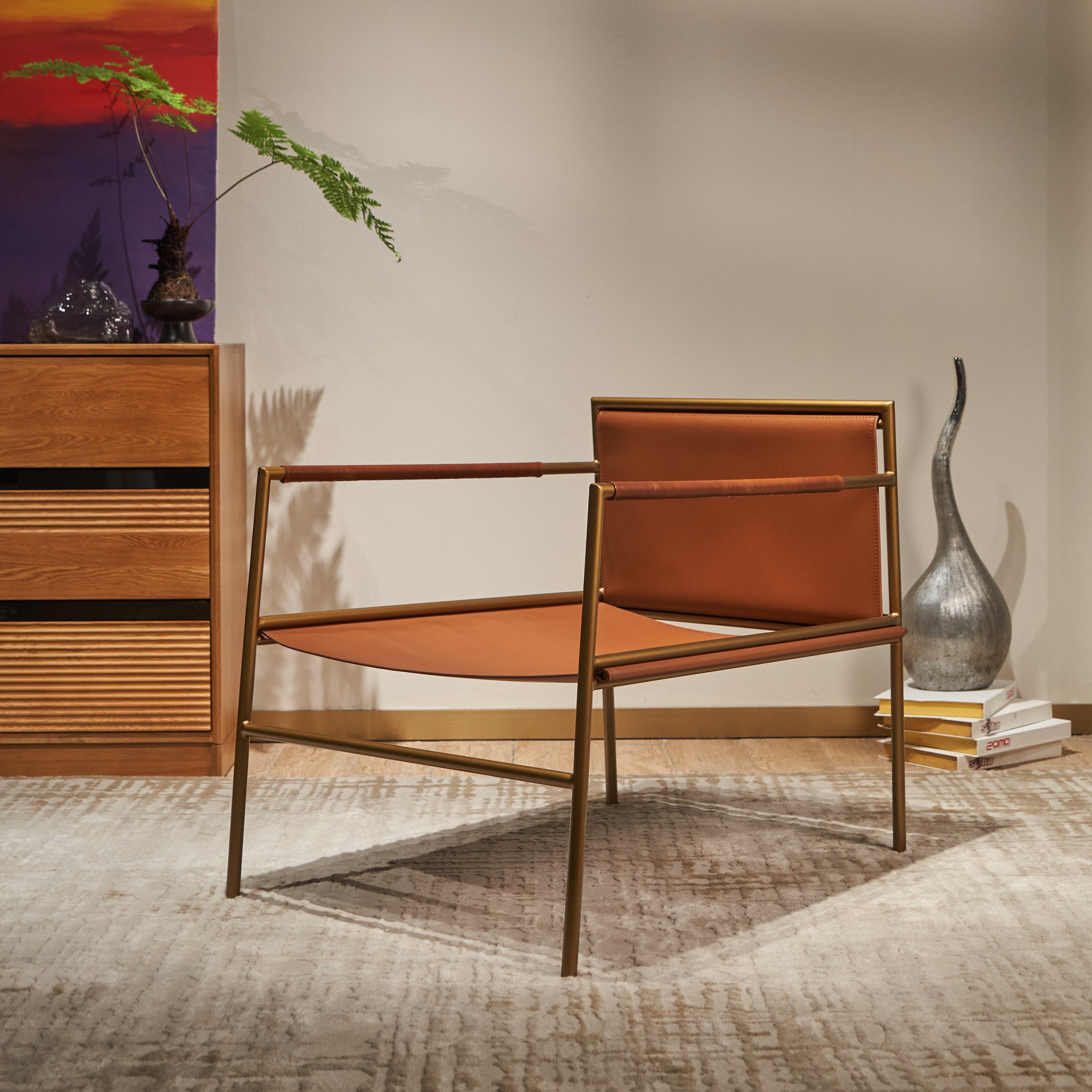 Cognac Distressed Leather Sling Lounge Chair