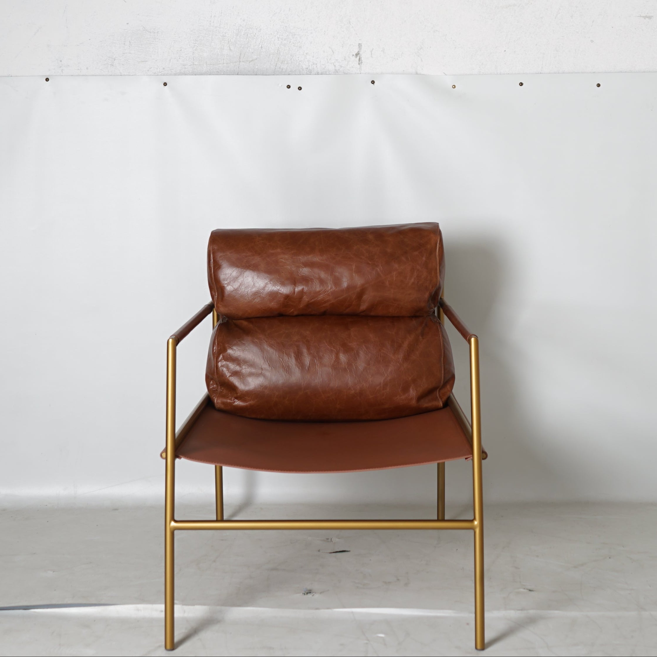 Cognac Distressed Leather Sling Lounge Chair