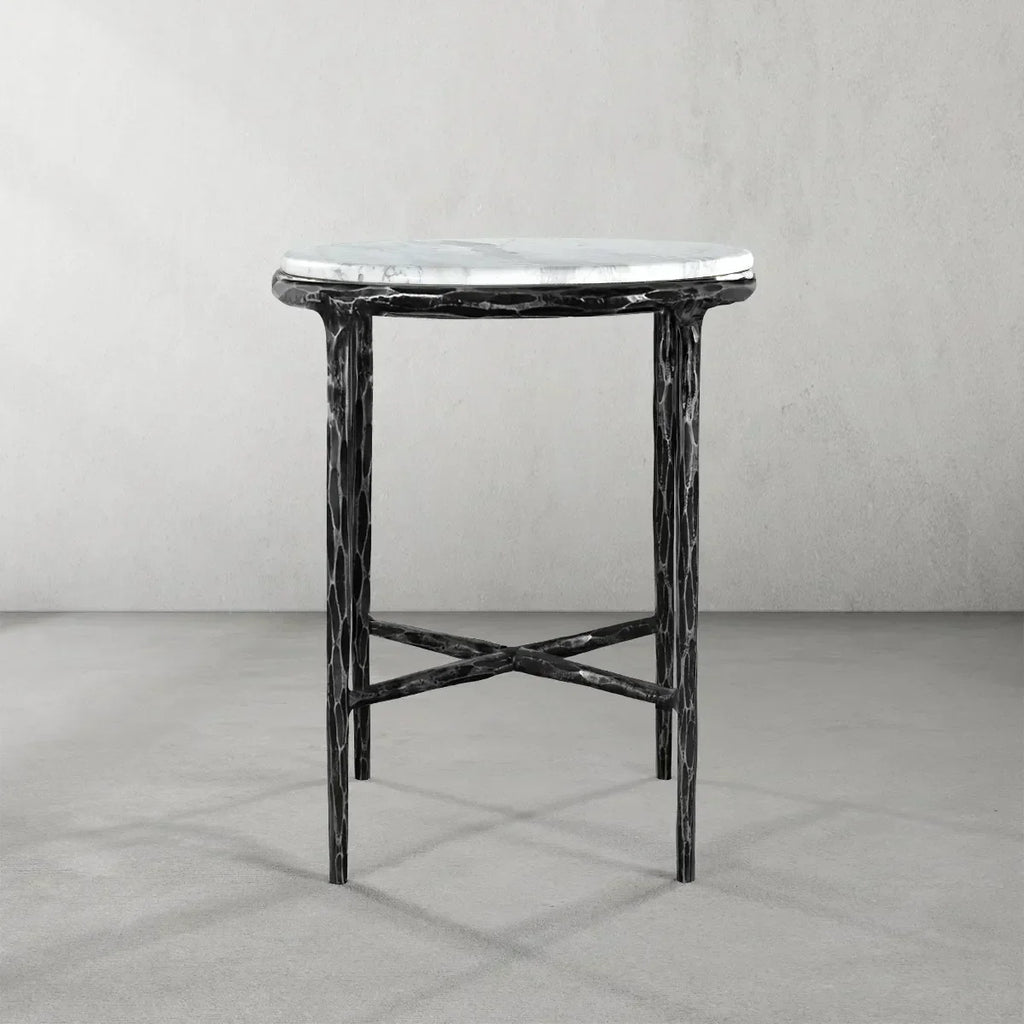 Hand-Forged Metal Round Marble Side Table 18" 22"