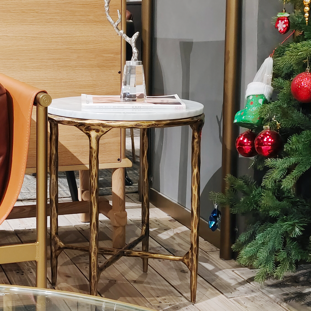 Hand-Forged Metal Round Marble Side Table 18" 22"