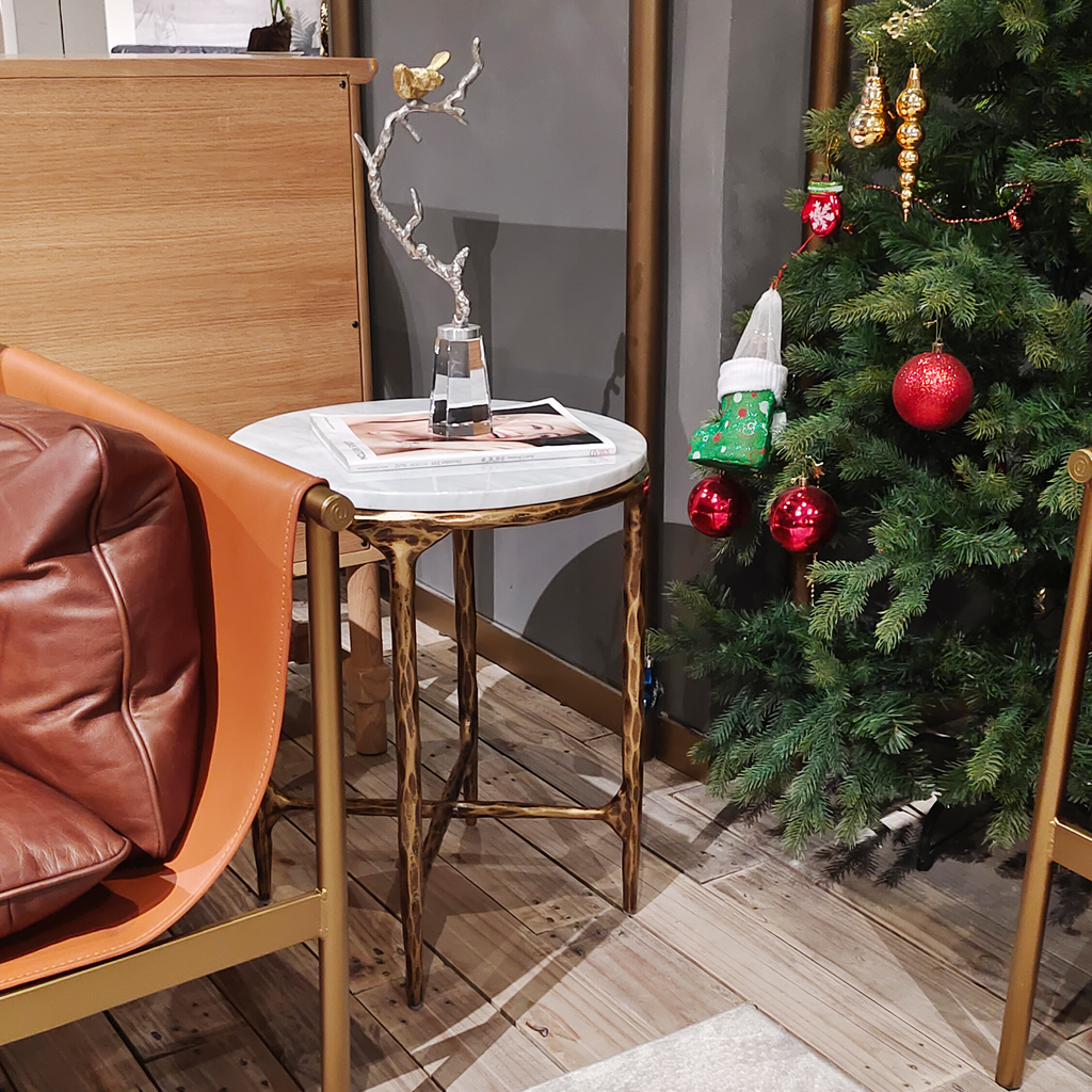 Hand-Forged Metal Round Marble Side Table 18" 22"